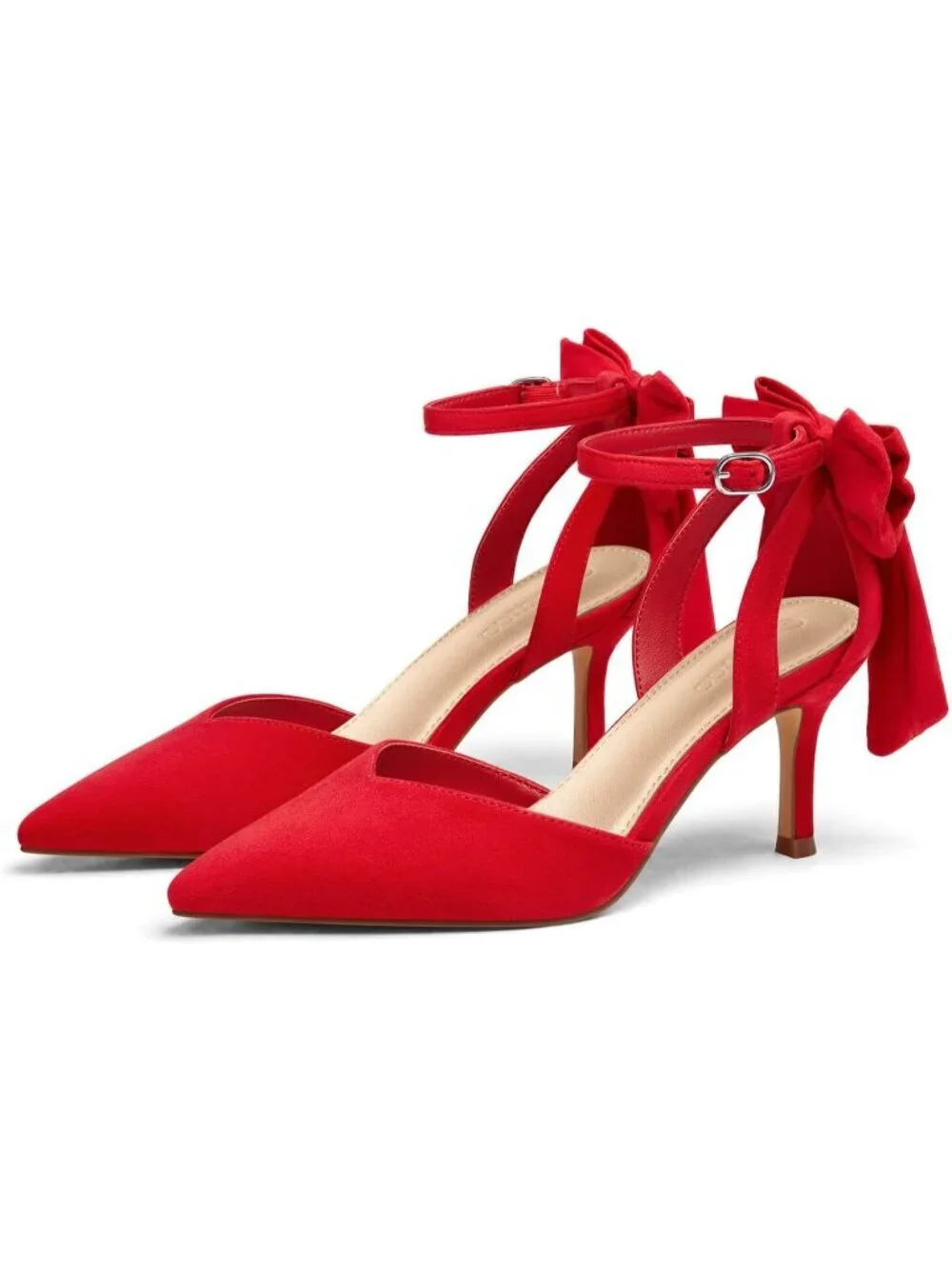 Women's Red Closed Pointed Toe Pumps Bow Ankle Strap Kitten Wedding Heels Shoes